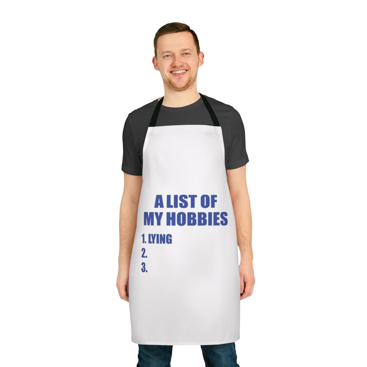 A personalized apron featuring a list of hobbies