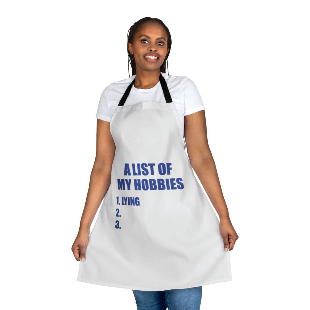 A personalized apron featuring a list of hobbies