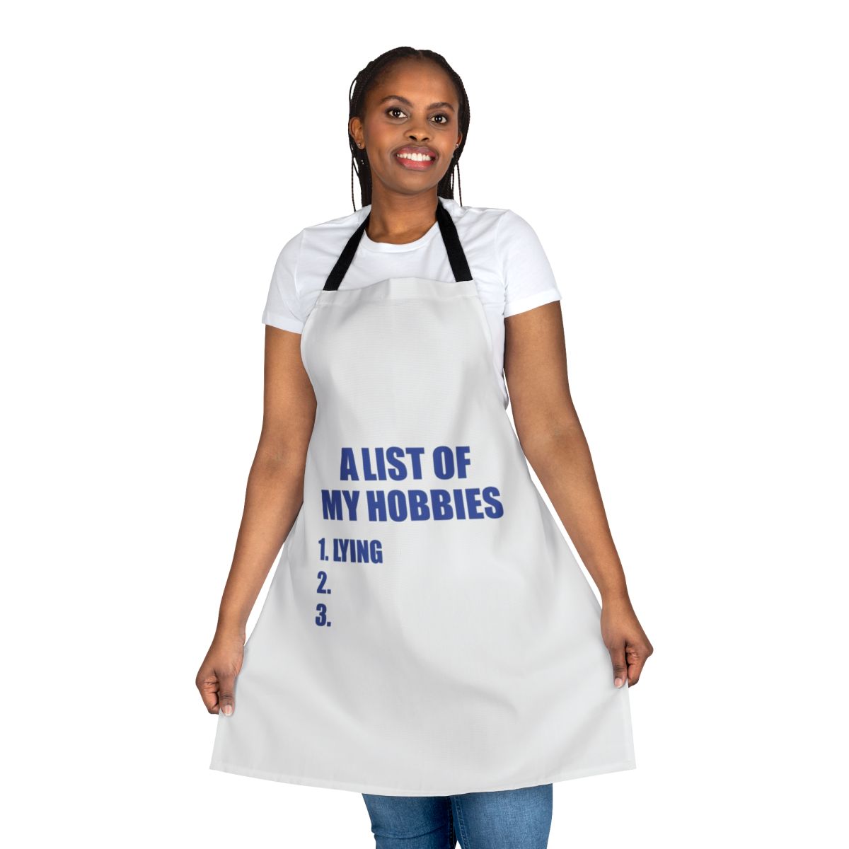 A personalized apron featuring a list of hobbies