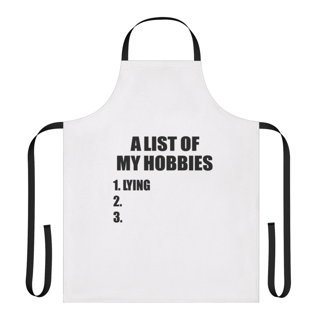 Apron with a list of hobbies and interests printed on it