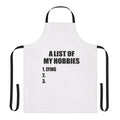 Apron with a list of hobbies and interests printed on it