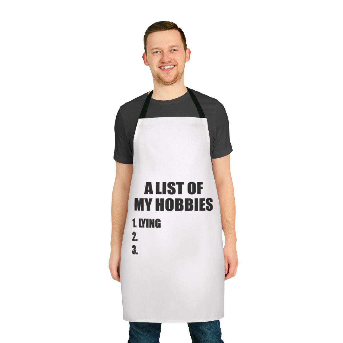 Apron with a list of hobbies and interests printed on it