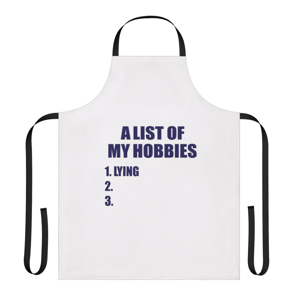 Personalized hobby apron with a list of hobbies printed on the front