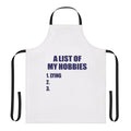 Personalized hobby apron with a list of hobbies printed on the front