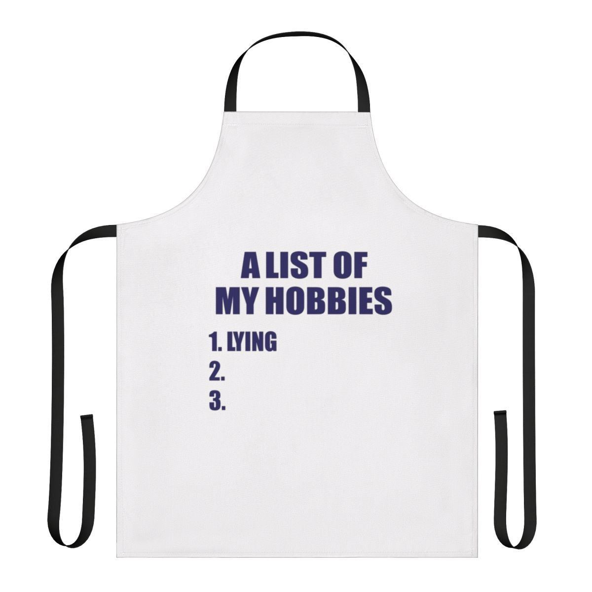 Personalized hobby apron with a list of hobbies printed on the front