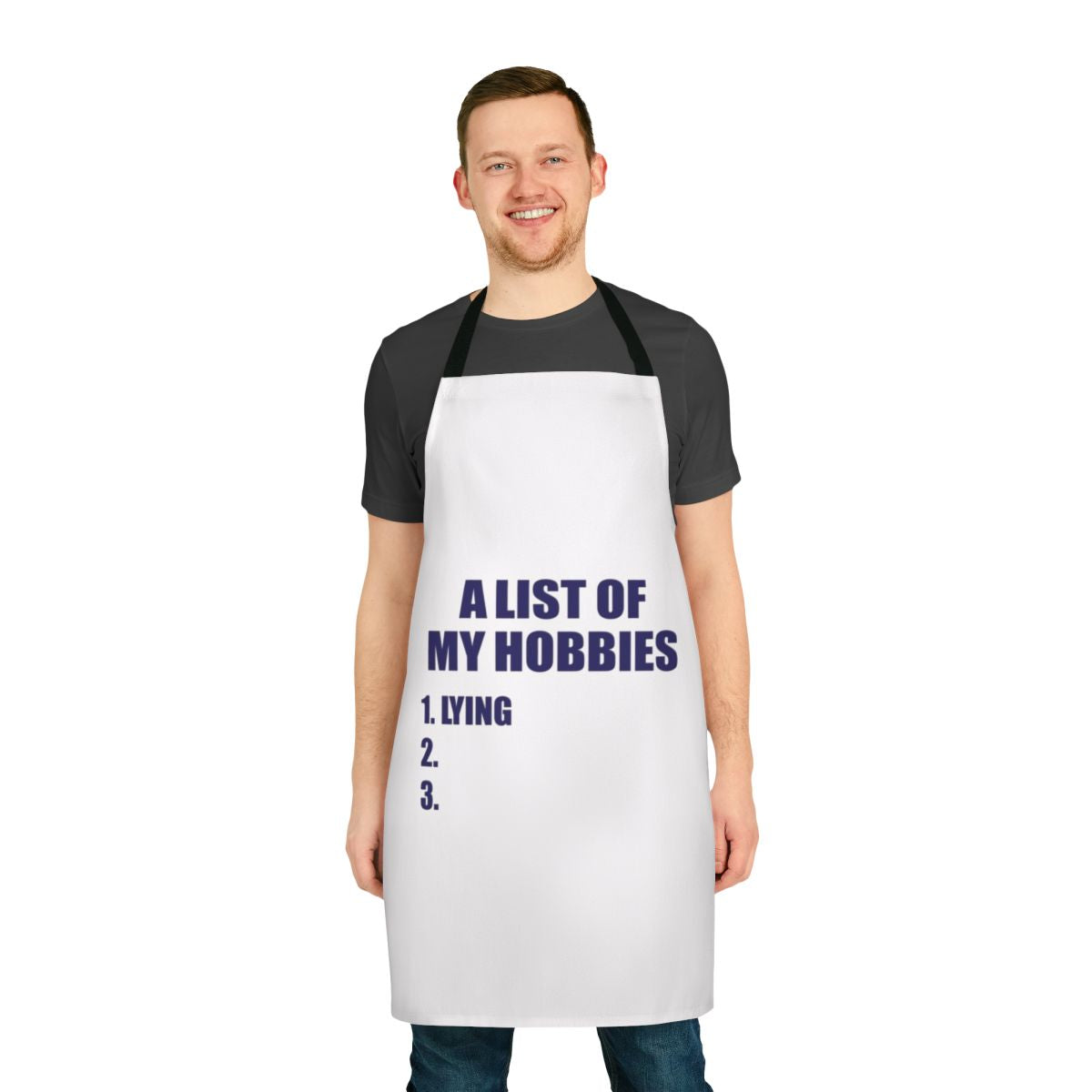 Personalized hobby apron with a list of hobbies printed on the front