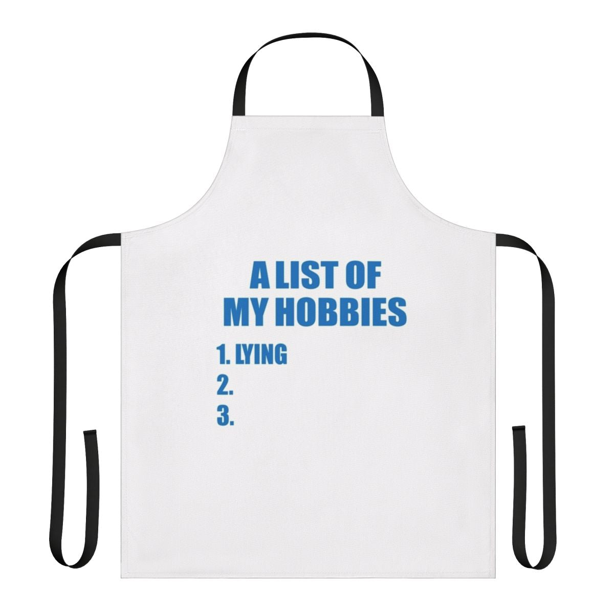 A personalized apron with a list of hobbies printed on it
