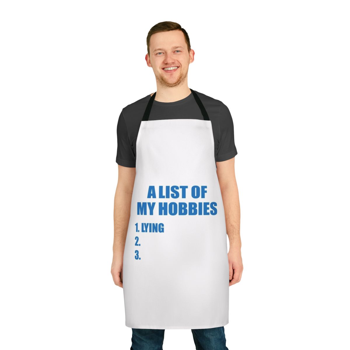 A personalized apron with a list of hobbies printed on it