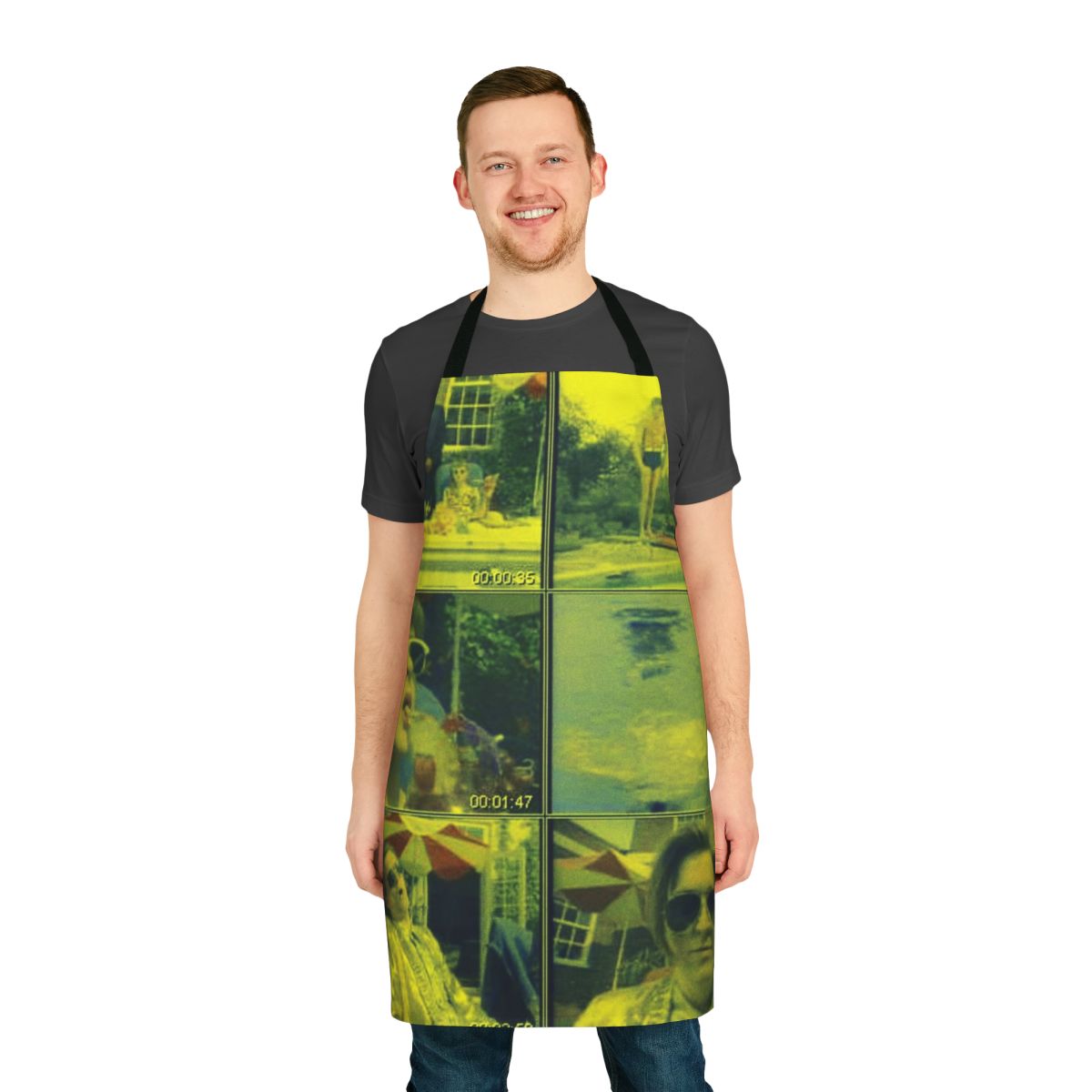 A custom apron featuring a colorful design of a hot dog jumping frog in Albuquerque