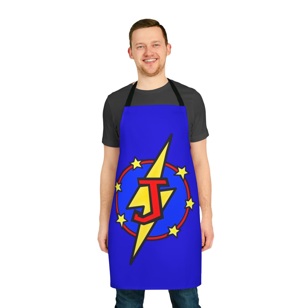 Personalized superhero apron featuring a large letter J