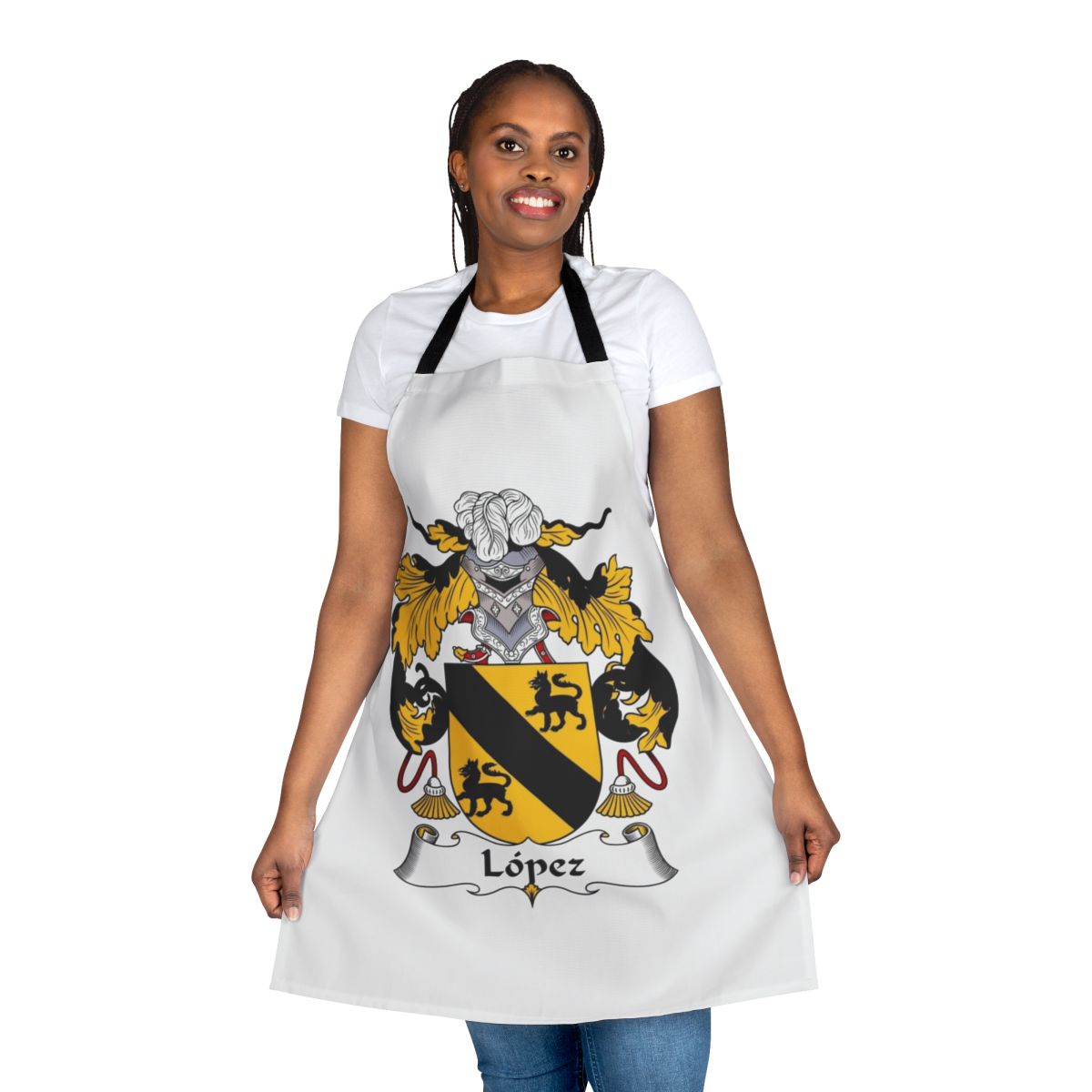 Personalized apron featuring the Lopez family crest or coat of arms
