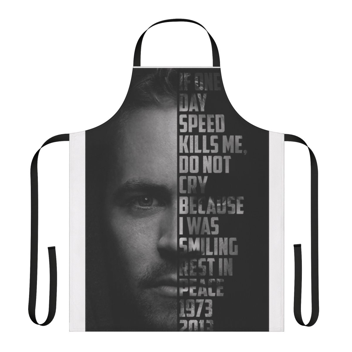 Apron featuring a text portrait of late actor Paul Walker