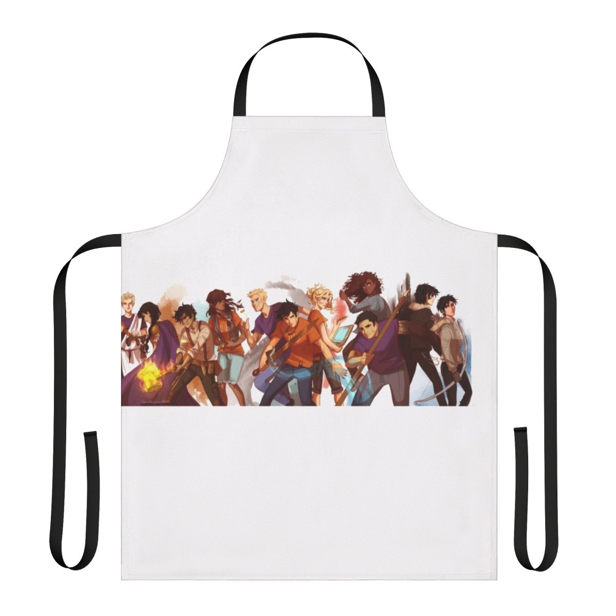 A custom-designed apron featuring characters and imagery from the Percy Jackson book series