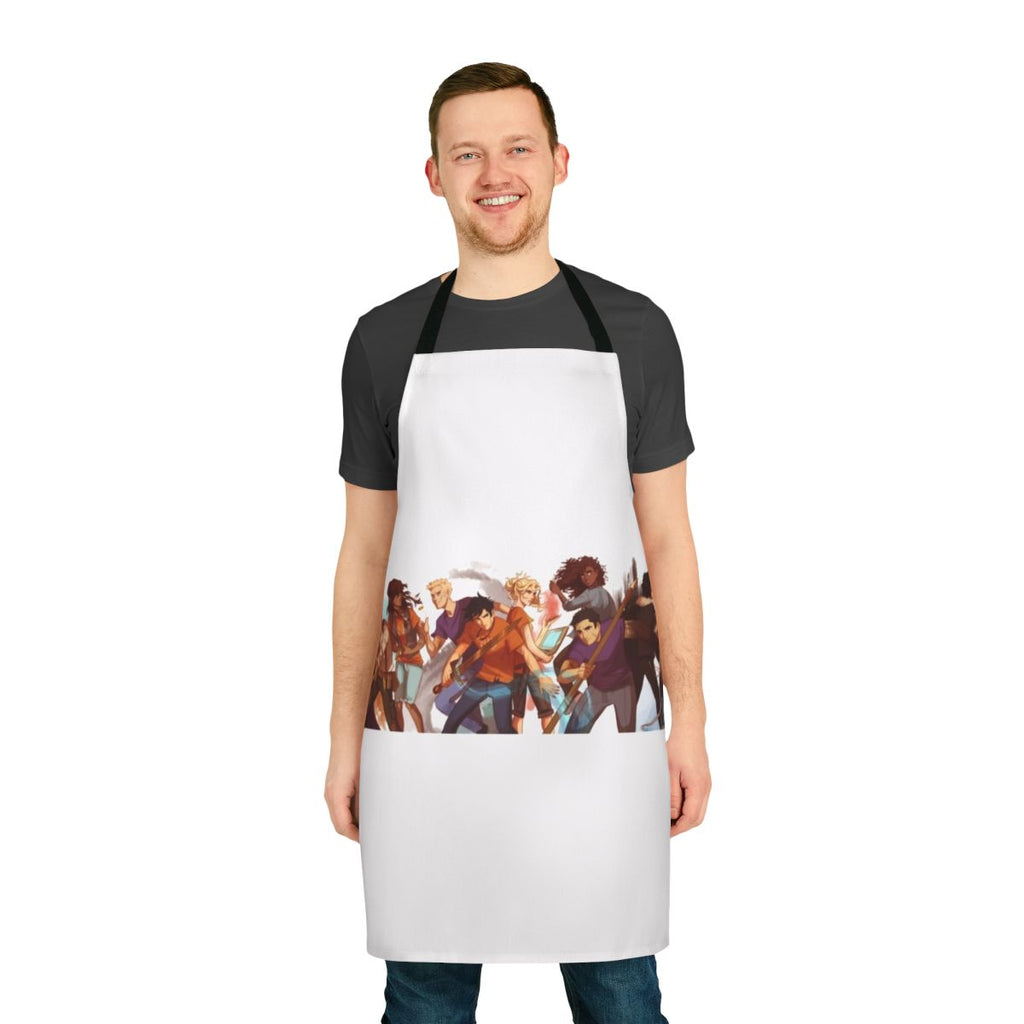A custom-designed apron featuring characters and imagery from the Percy Jackson book series