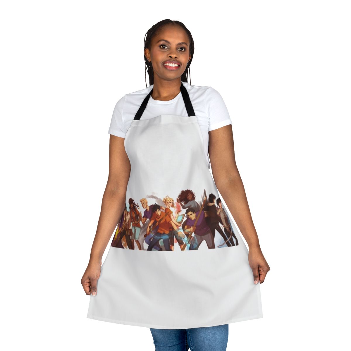 A custom-designed apron featuring characters and imagery from the Percy Jackson book series