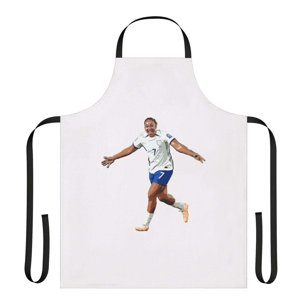 A white apron with the name "Lauren James" printed on it, a perfect gift for female soccer fans.