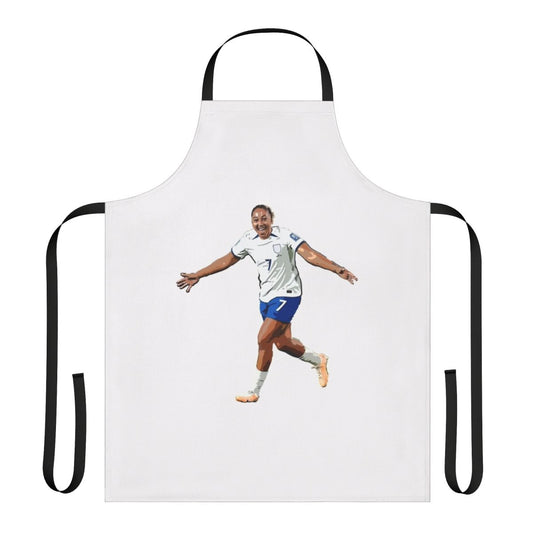 A white apron with the name "Lauren James" printed on it, a perfect gift for female soccer fans.