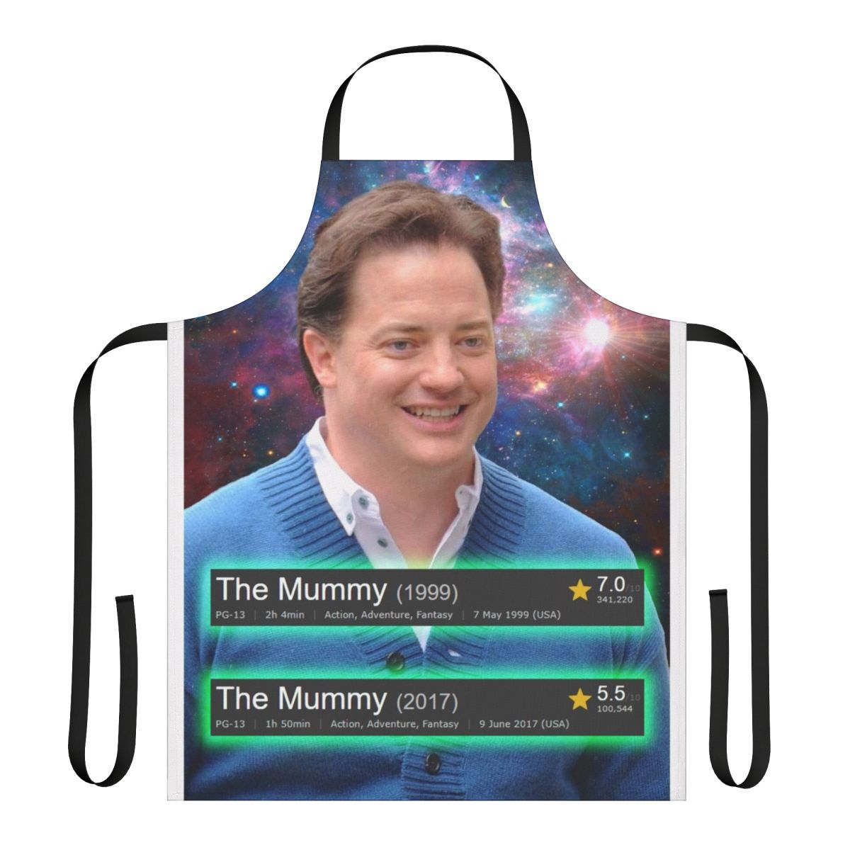 Person wearing a personalized apron featuring an image inspired by the classic horror film The Mummy