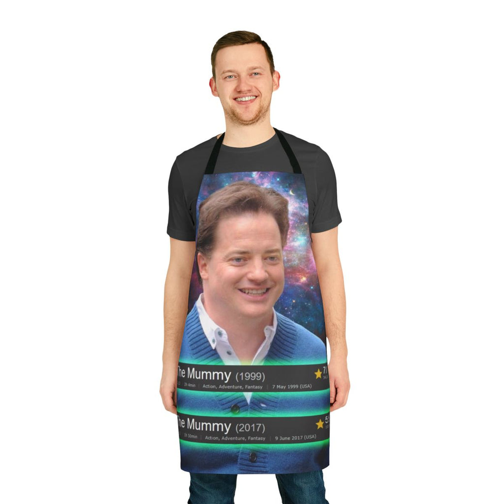 Person wearing a personalized apron featuring an image inspired by the classic horror film The Mummy