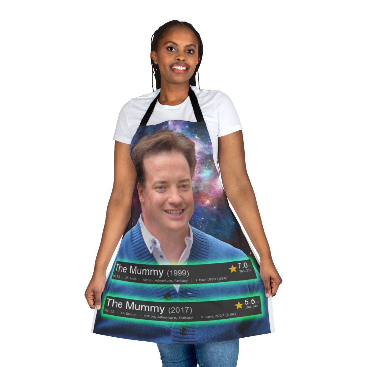 Person wearing a personalized apron featuring an image inspired by the classic horror film The Mummy