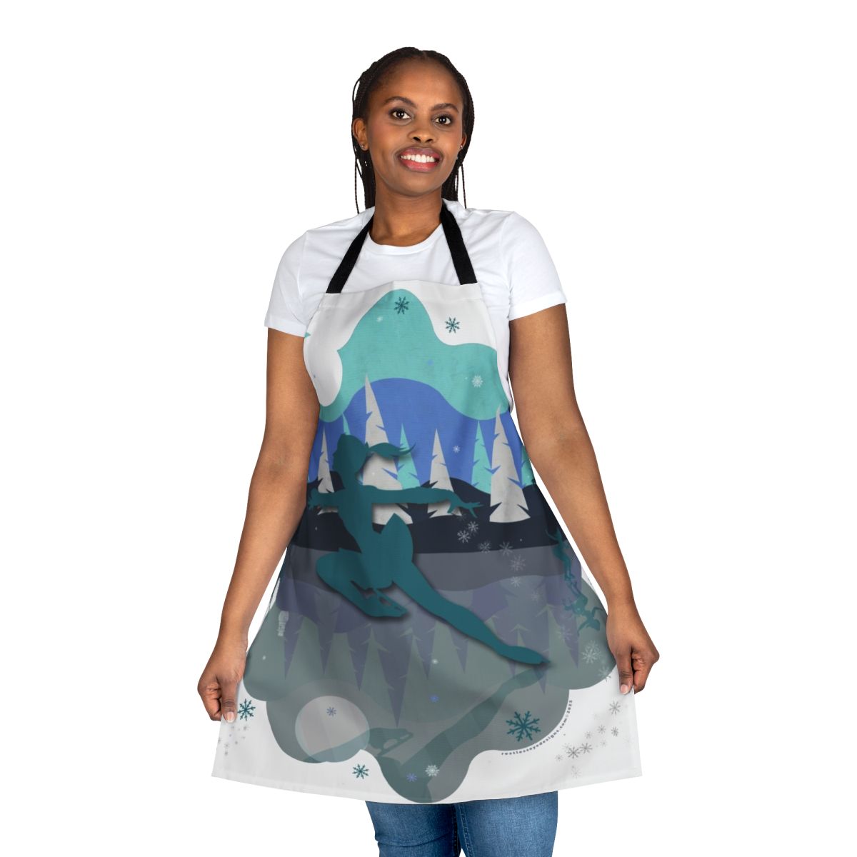 Stylish and functional winter-themed apron featuring an ice skating design