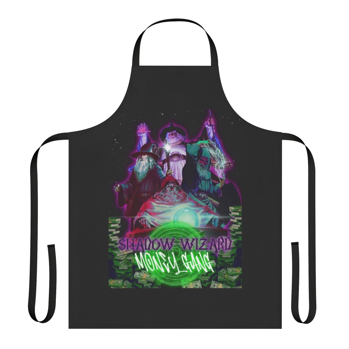 Wizard-themed apron with a money gang design