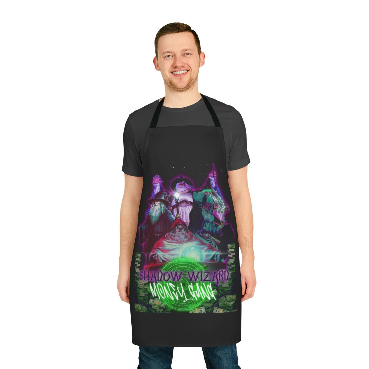 Wizard-themed apron with a money gang design