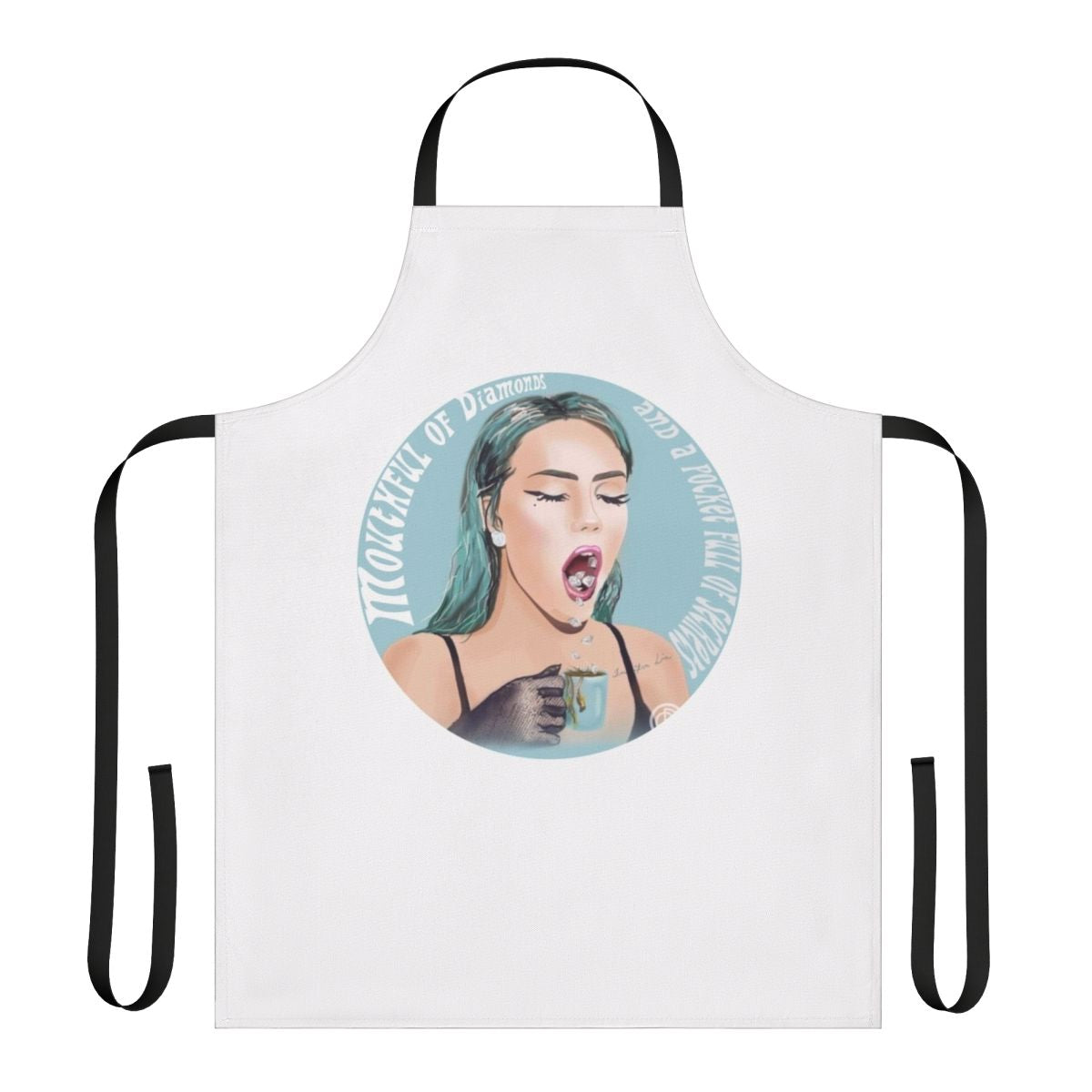 An artsy apron design inspired by the electronic dream pop band Phantogram, featuring the band's signature diamond motif in shades of blue.
