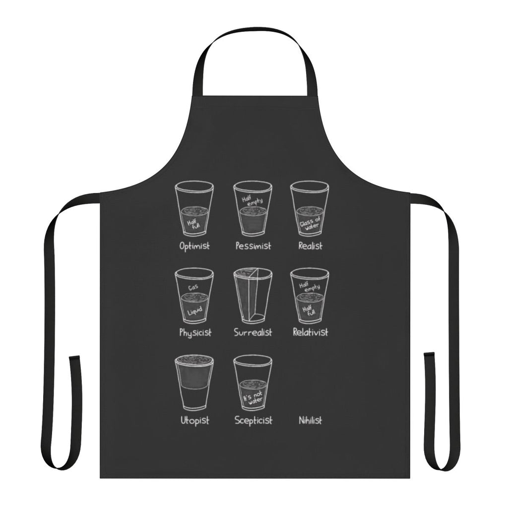 Apron with a philosophical cup design showing "half full" and "half empty" perspectives