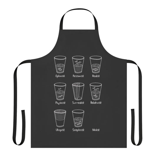 Apron with a philosophical cup design showing "half full" and "half empty" perspectives
