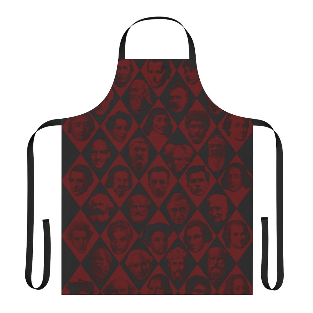 Apron featuring portraits and names of famous philosophers like Aristotle, Descartes, and Kant