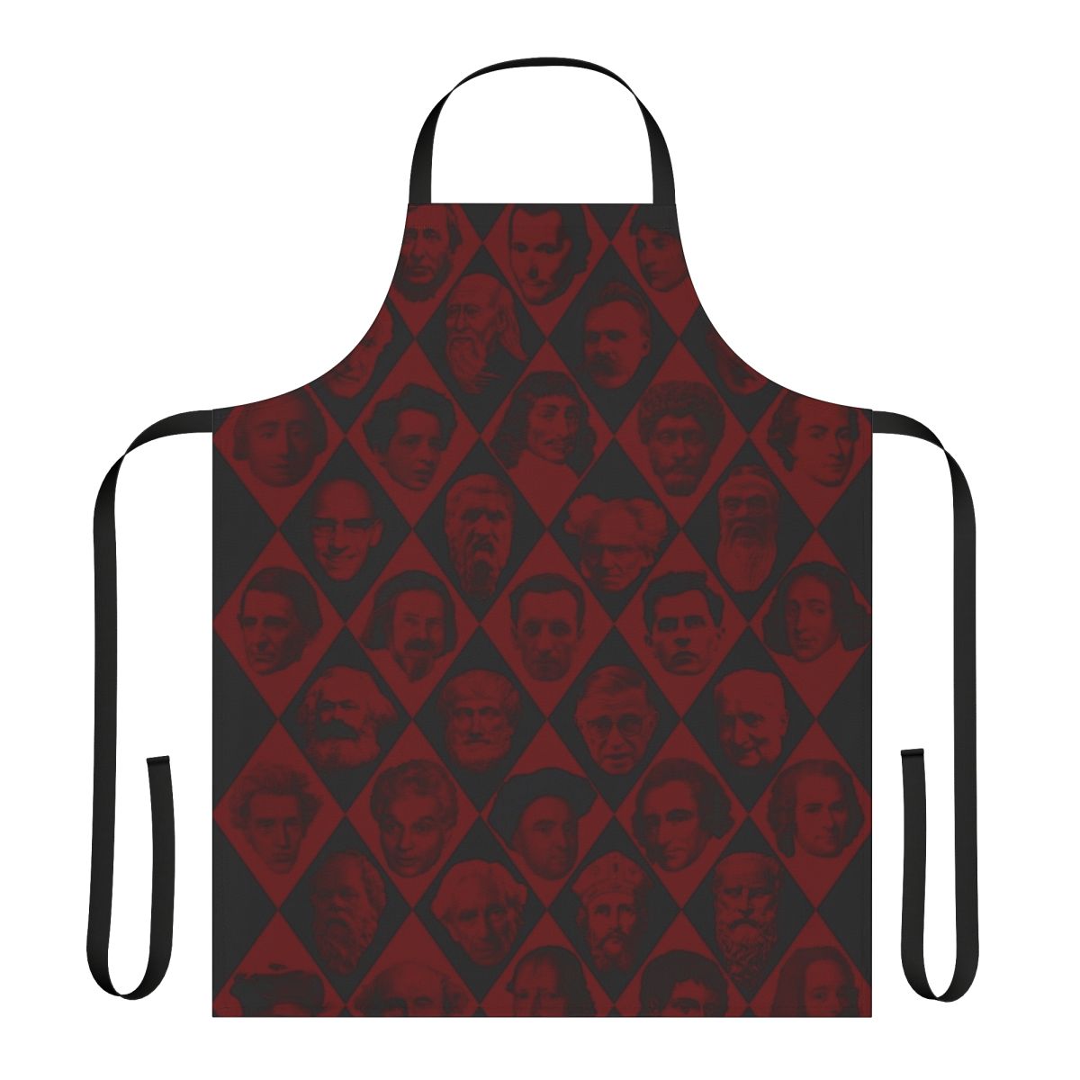 Apron featuring portraits and names of famous philosophers like Aristotle, Descartes, and Kant