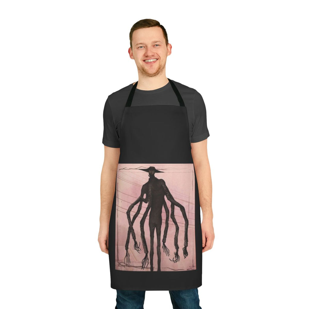 Photographic apron with text "Doctor Nowhere Found" printed on it