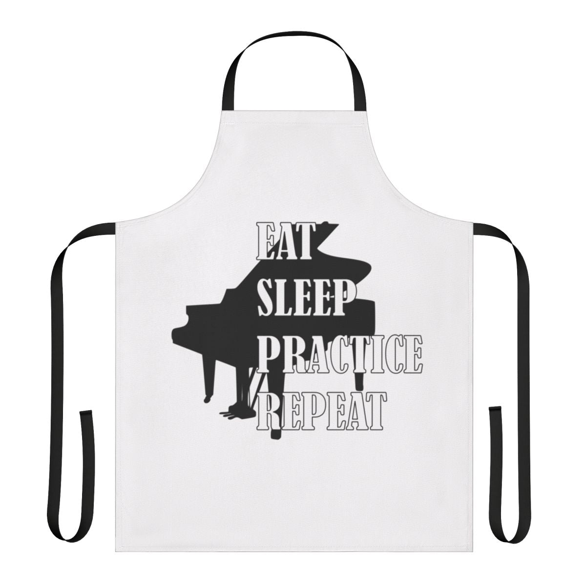 Piano-themed apron with the text "Eat Sleep Practice Repeat" for music lovers and musicians.