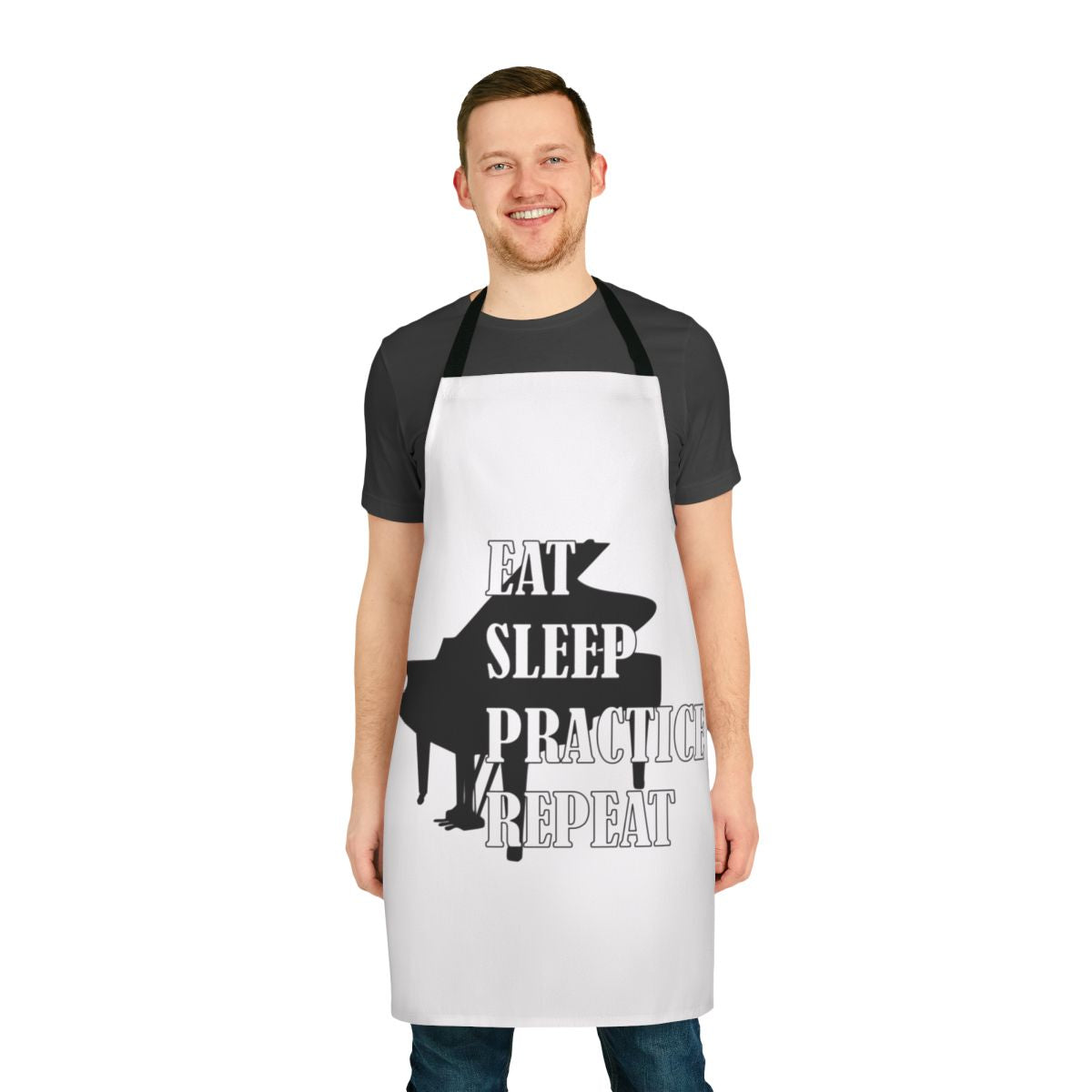 Piano-themed apron with the text "Eat Sleep Practice Repeat" for music lovers and musicians.