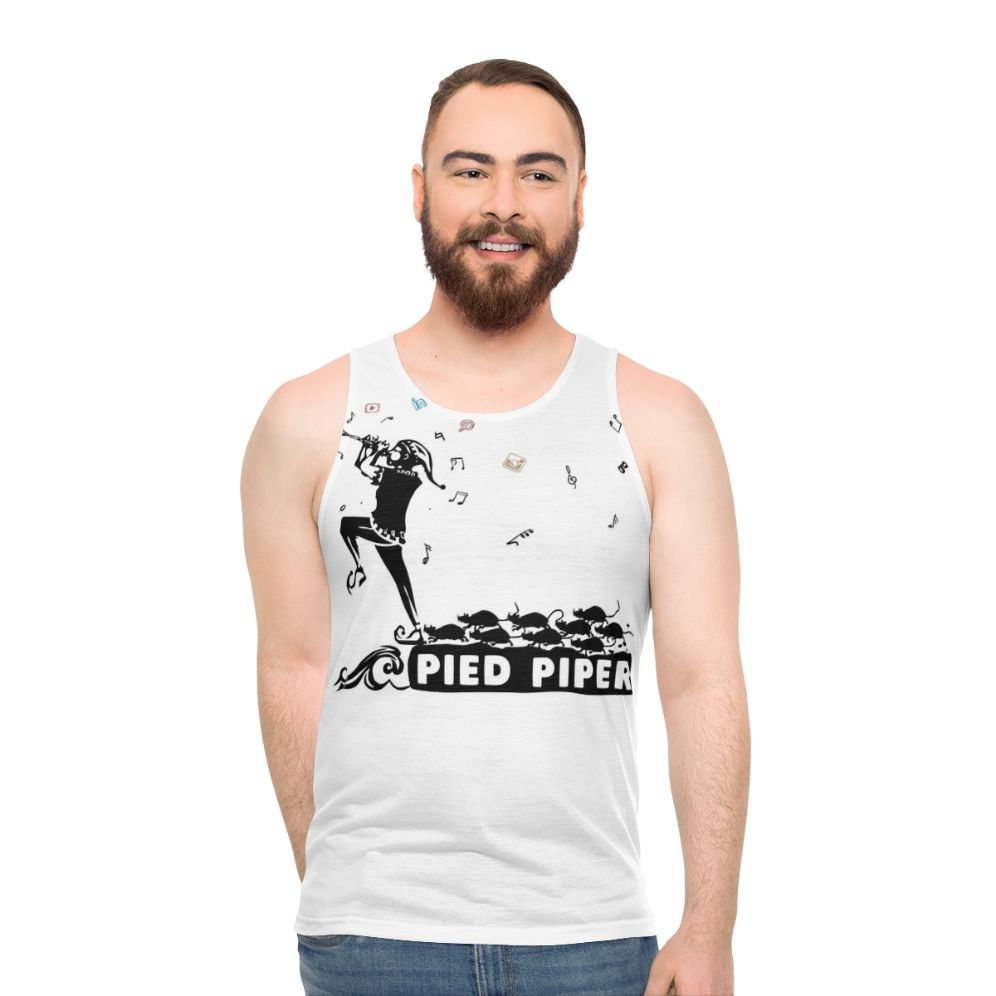 Pied Piper unisex tank top featuring a monotone, black and white design inspired by the classic fairy tale