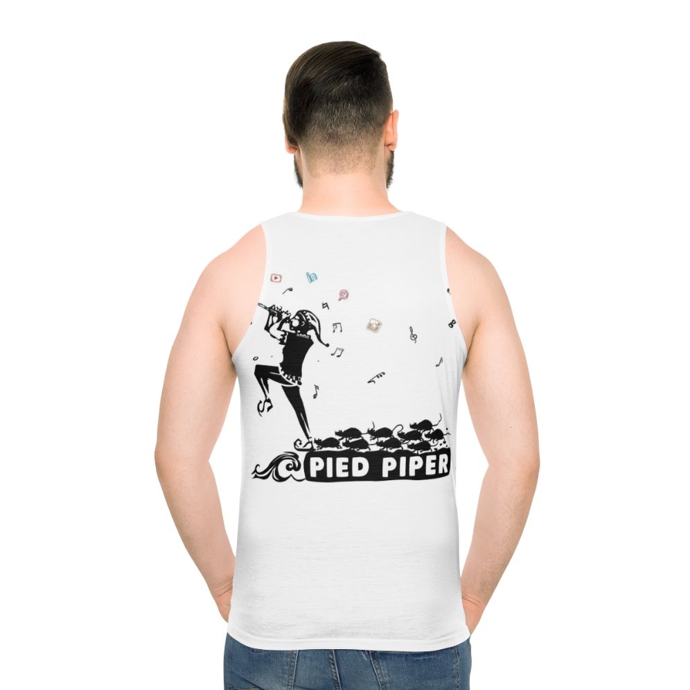 Pied Piper unisex tank top featuring a monotone, black and white design inspired by the classic fairy tale