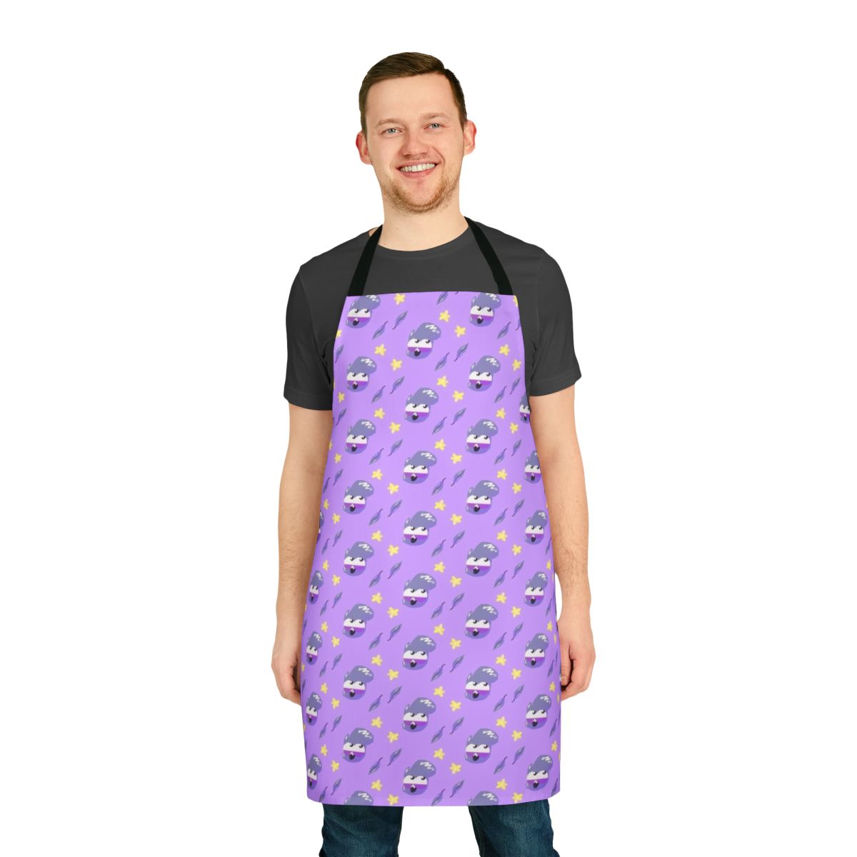 A white apron with an illustration of a cute pigeon mascot