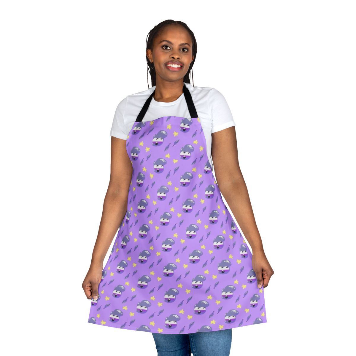 A white apron with an illustration of a cute pigeon mascot