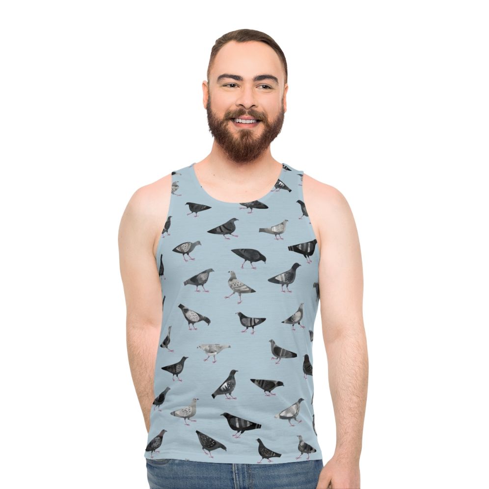 Pigeons doing pigeon things on a gray unisex tank top