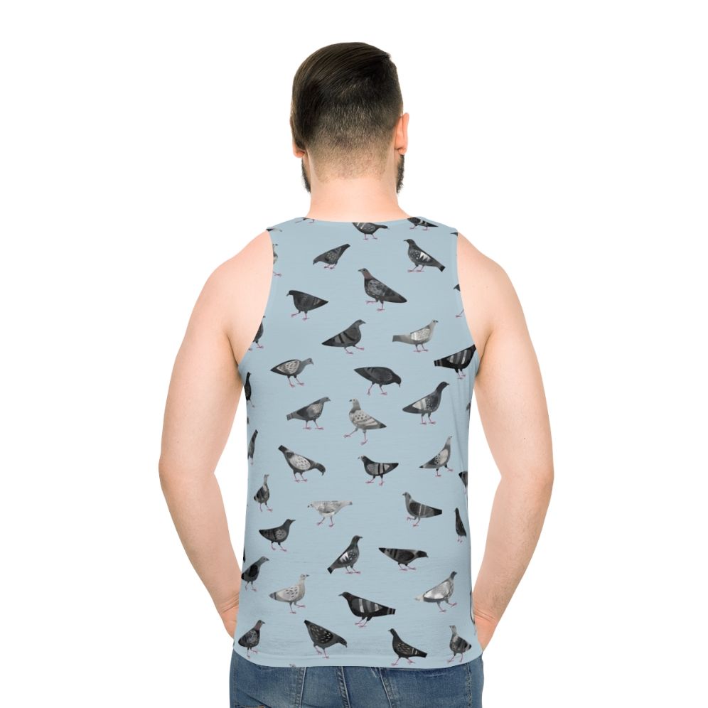 Pigeons doing pigeon things on a gray unisex tank top