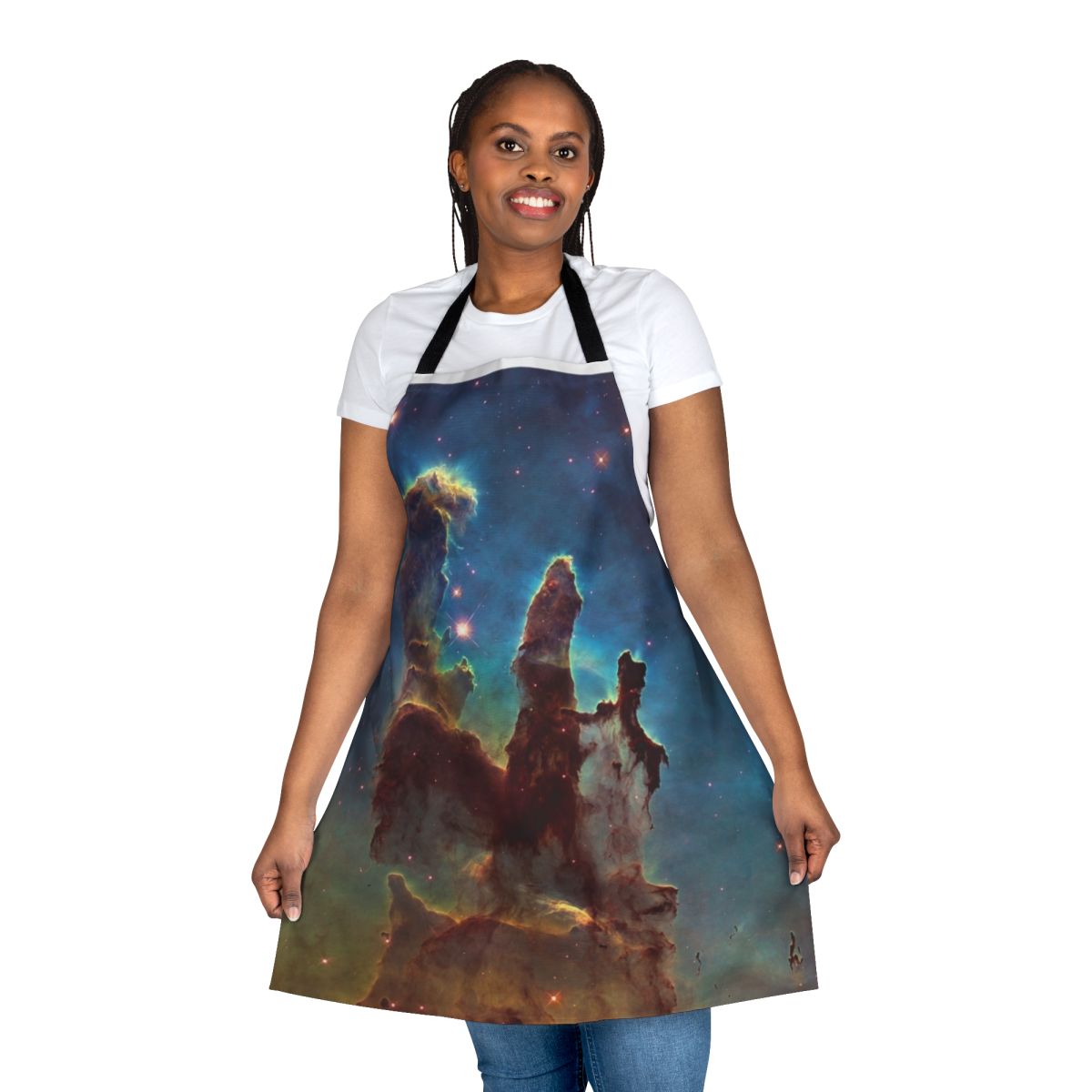 Pillars of Creation Space Apron featuring a detailed image of the iconic Pillars of Creation in the Eagle Nebula