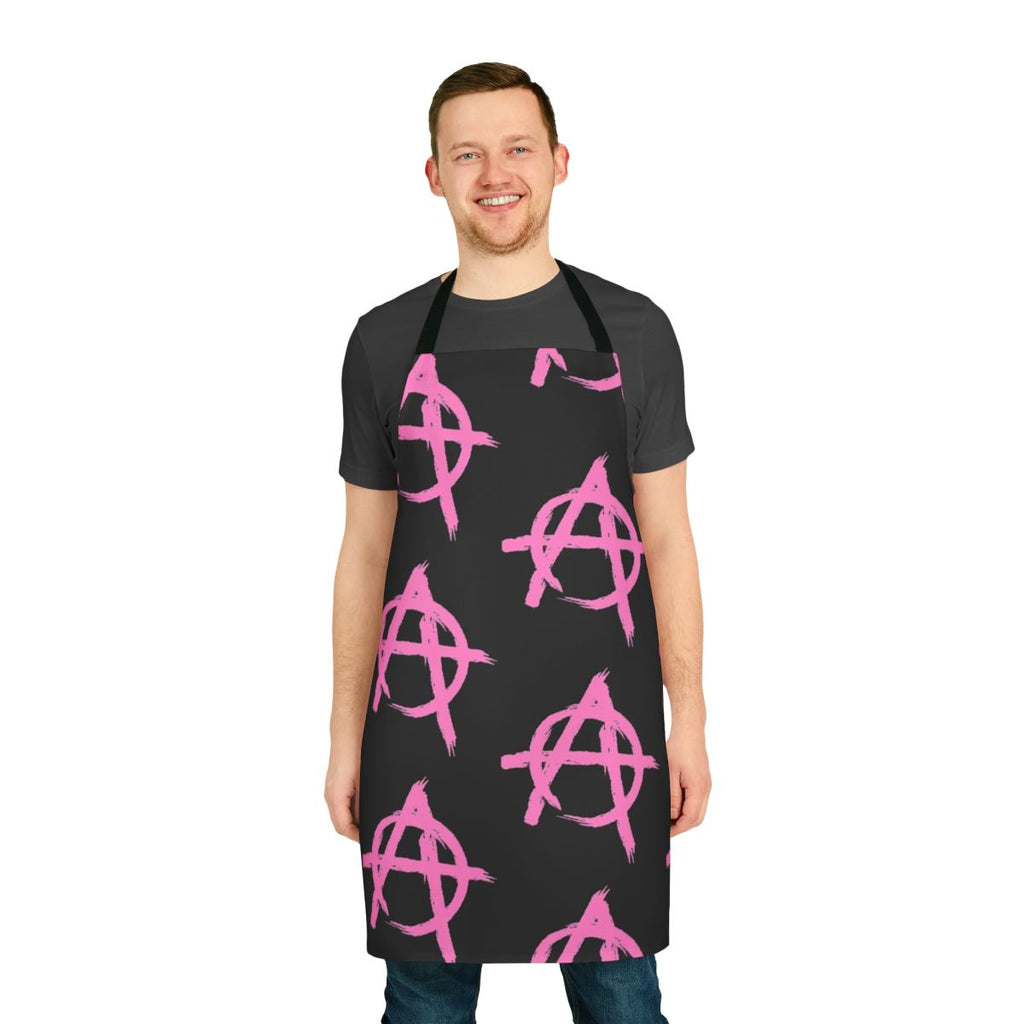 Pink and black anarchy-inspired apron with Machine Gun Kelly's "Tickets to My Downfall" album artwork