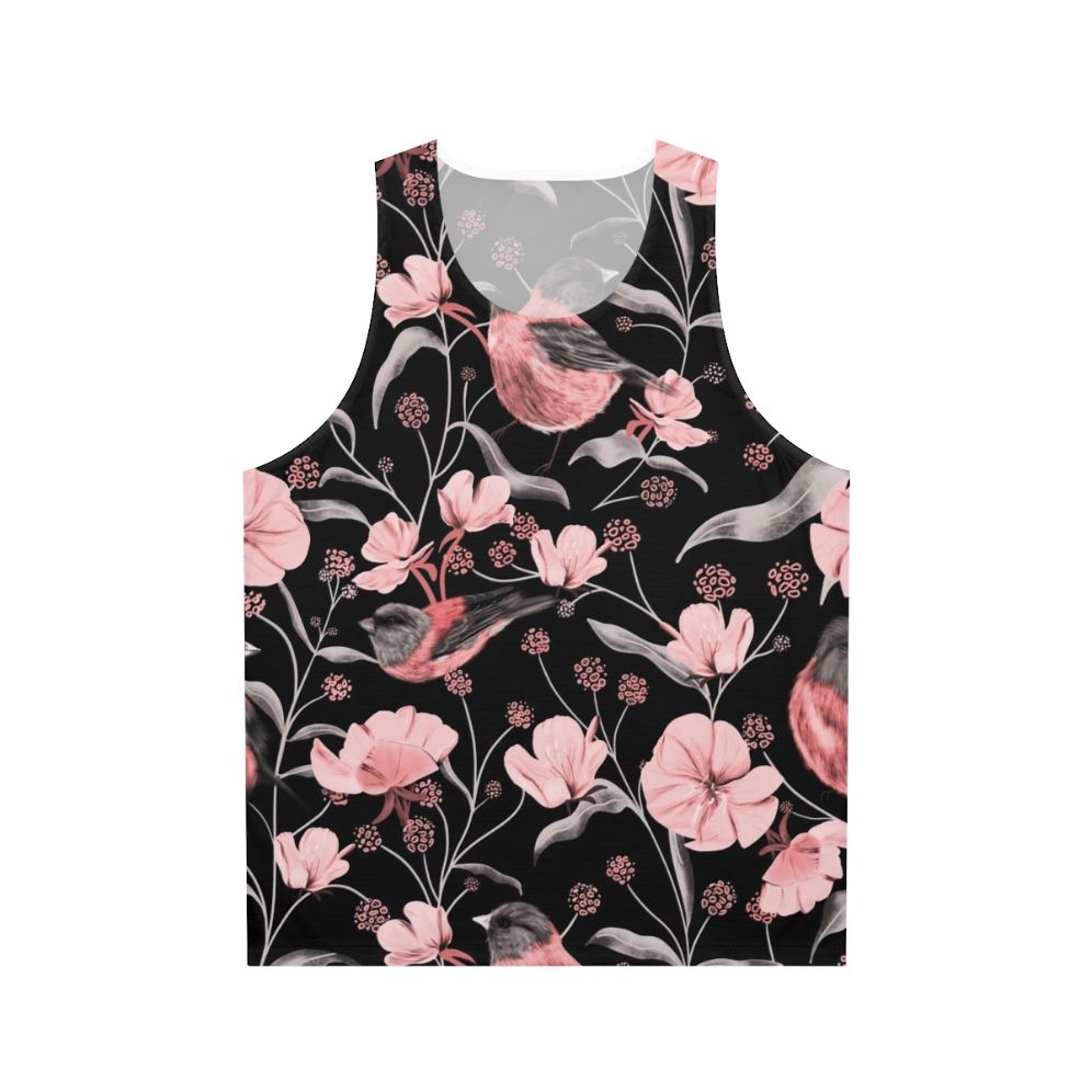Unisex tank top with pink and black floral and bird print