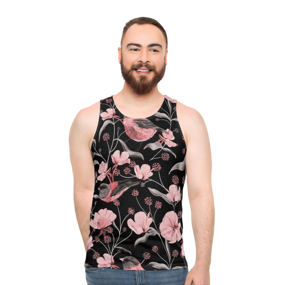 Unisex tank top with pink and black floral and bird print