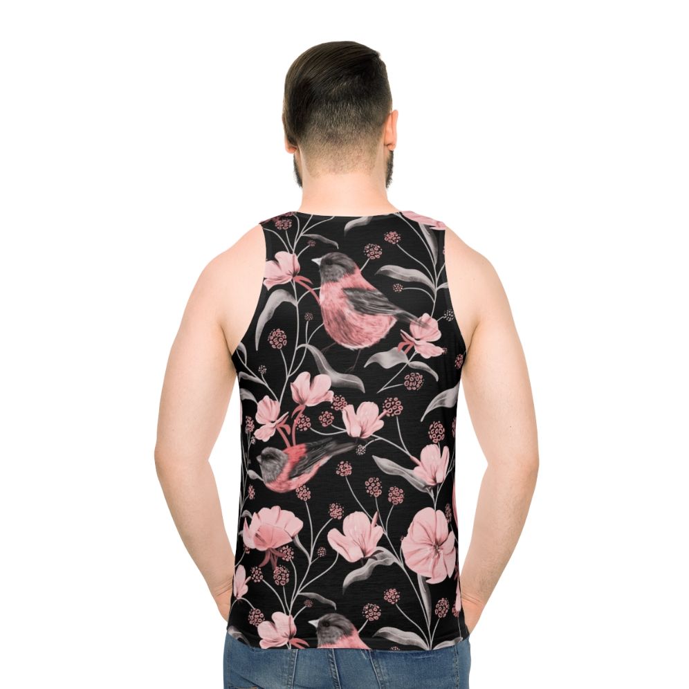 Unisex tank top with pink and black floral and bird print