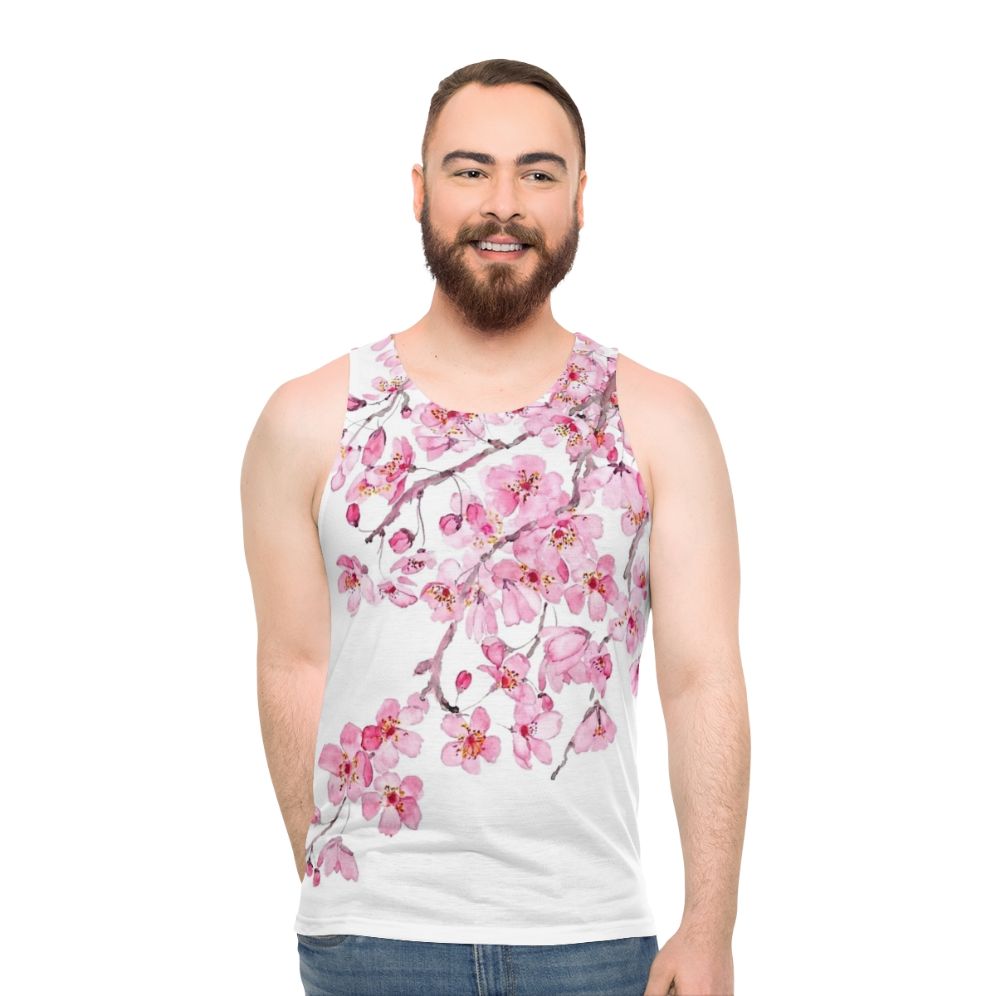 Pink cherry blossom watercolor tank top