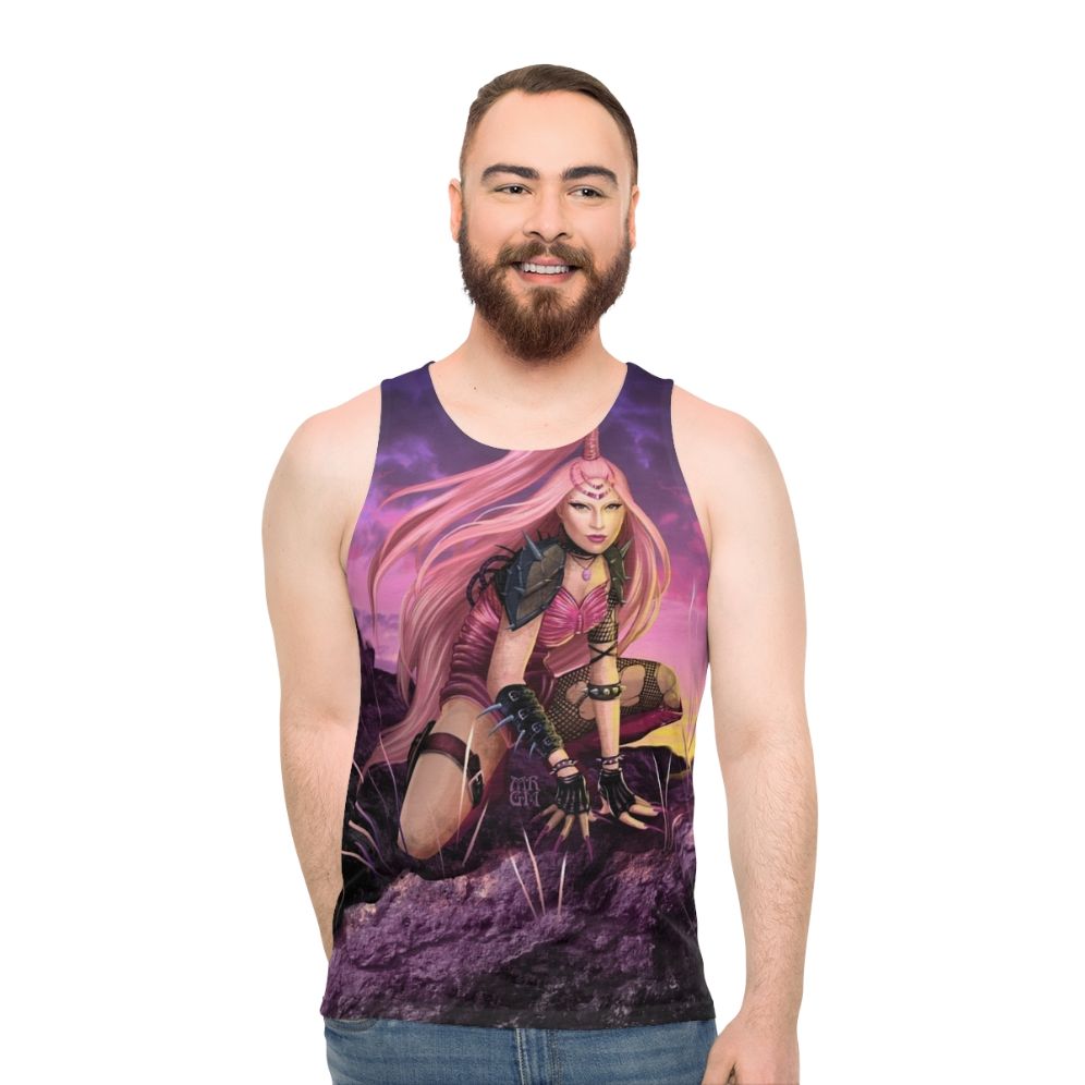 Pink unisex warrior-inspired tank top with fantasy art design