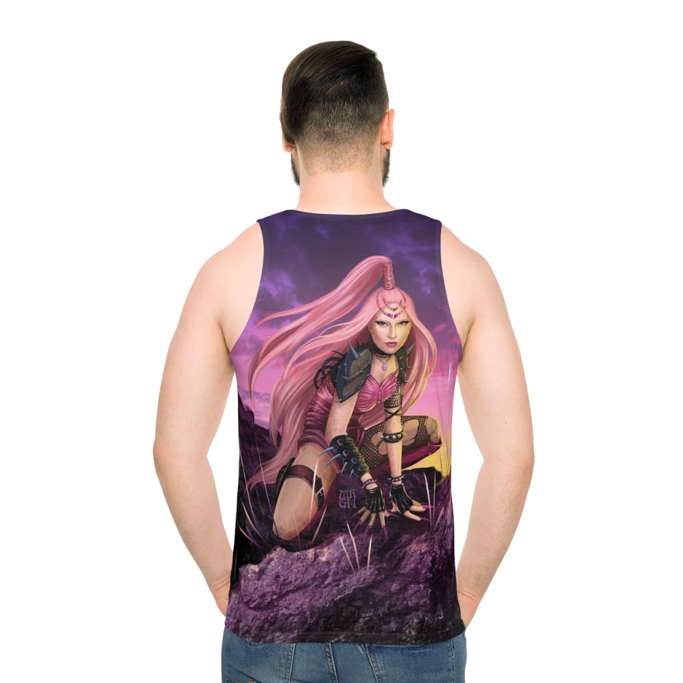 Pink unisex warrior-inspired tank top with fantasy art design