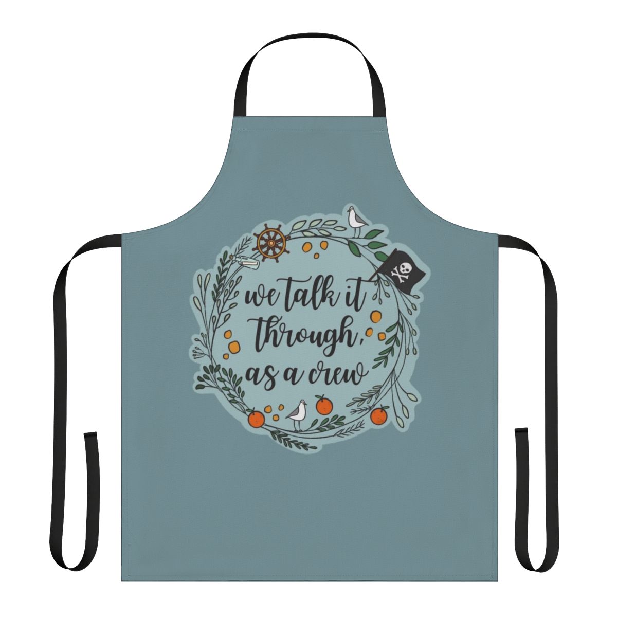 Pirate-themed apron featuring the Our Flag Means Death logo and characters